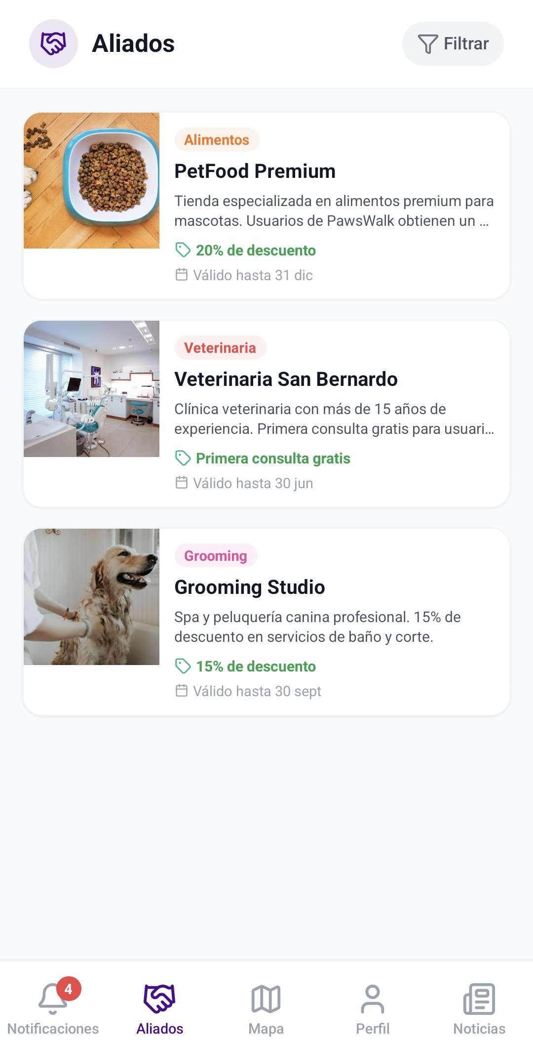 Pestaña Aliados con tarjetas de marcas asociadas y sus cupones de descuento.