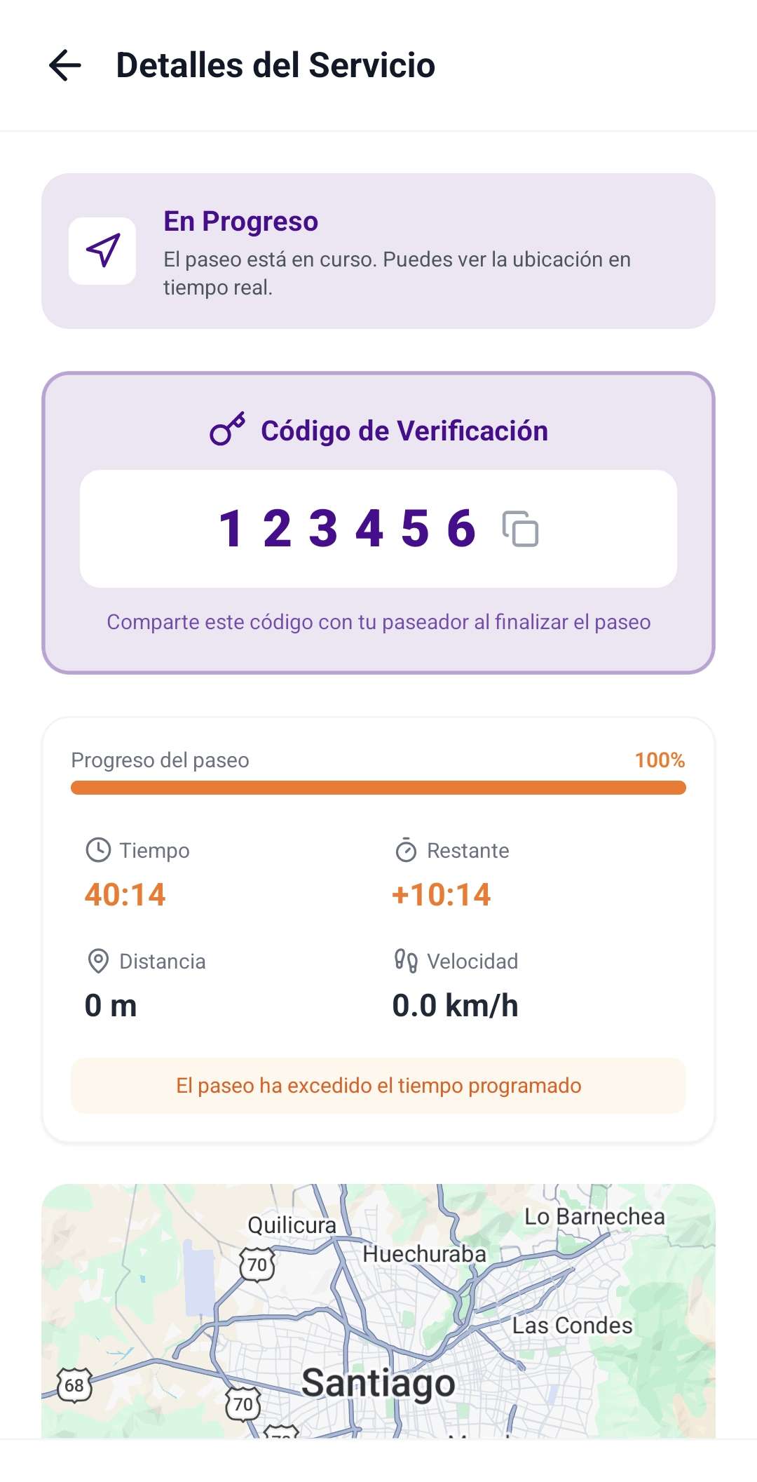 Recuadro morado con el código de verificación de 6 dígitos que solo tú ves durante el paseo.