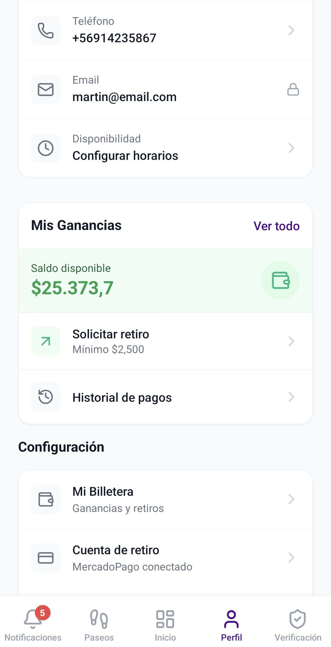 Pantalla Mis Ganancias del paseador, con ganancias brutas, retención de boleta y ganancias líquidas