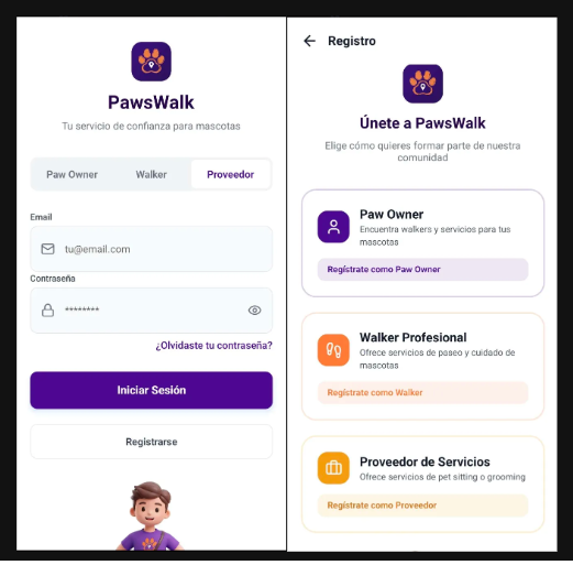 Pantalla de inicio de sesión y registro de la app PawsWalk