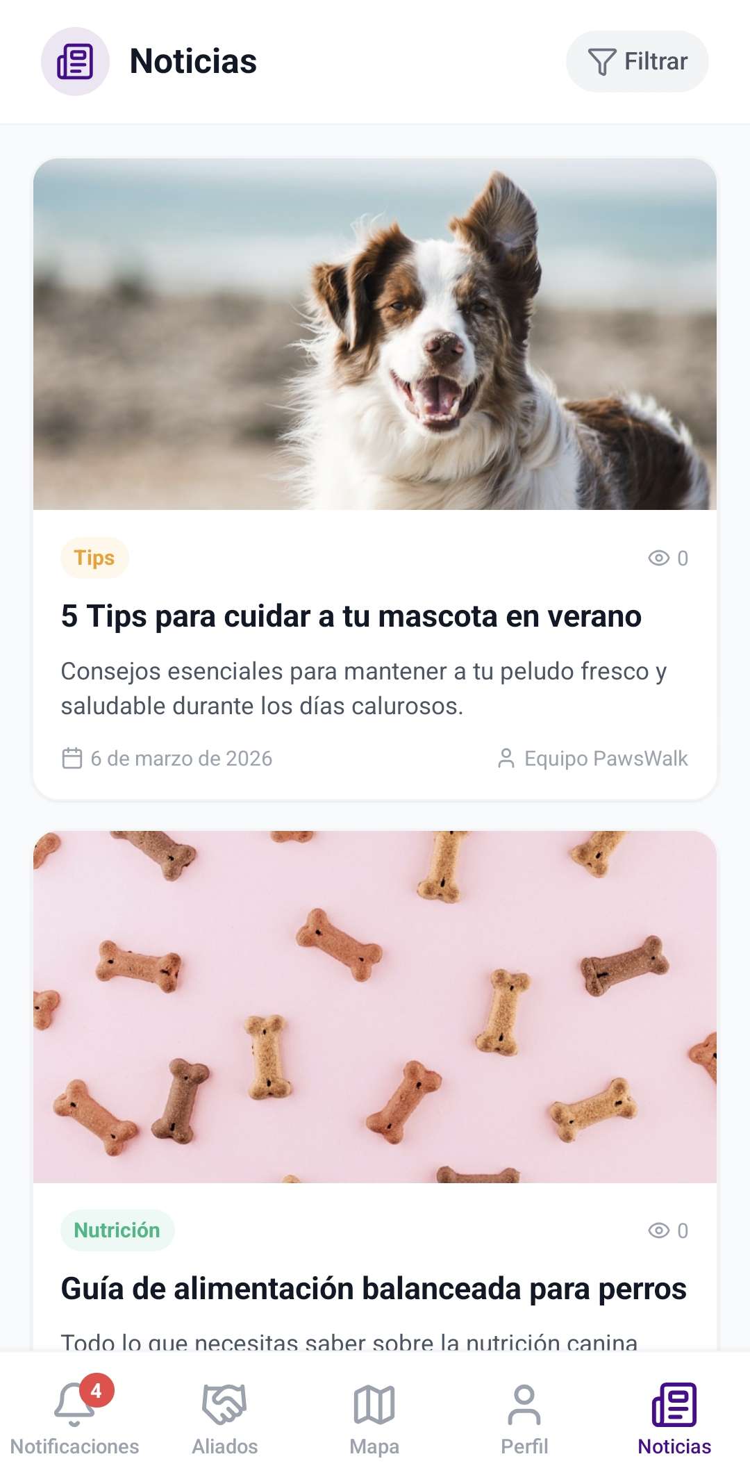 Pestaña Noticias con artículos sobre salud, nutrición y comportamiento.