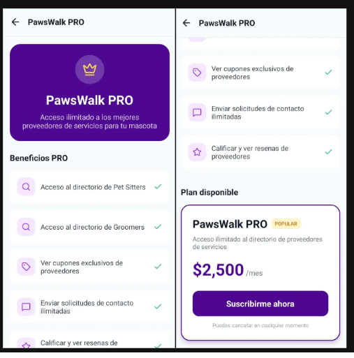 Pantalla de PawsWalk PRO con la corona morada y la lista de beneficios.