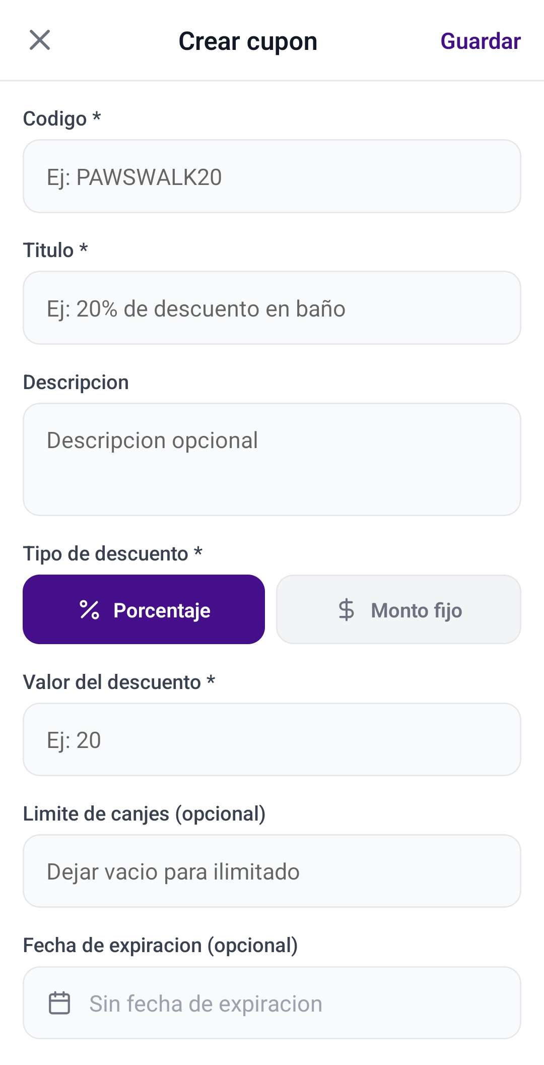 Formulario para crear un cupón con código, título y tipo de descuento.