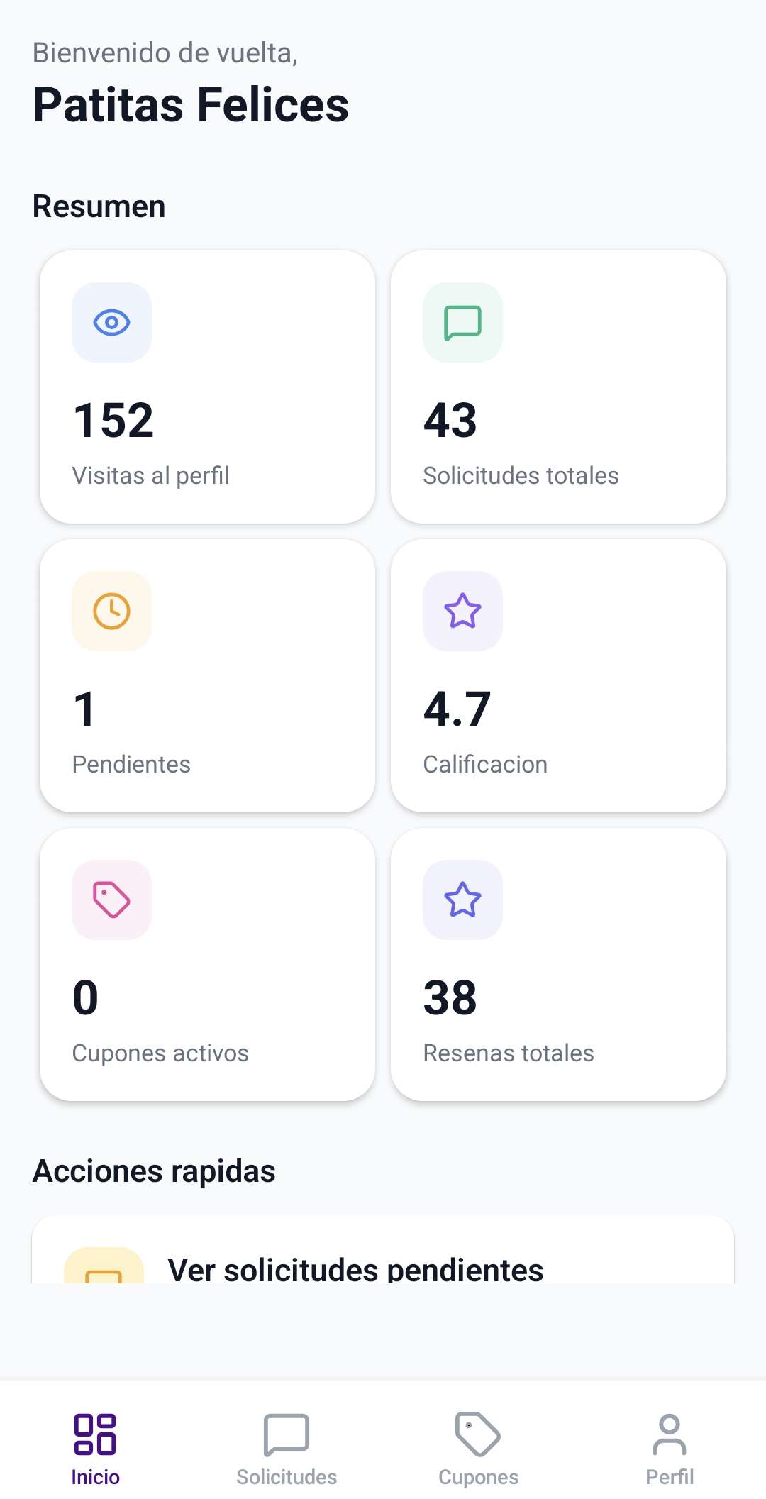 Pantalla de inicio del Proveedor con el resumen de visitas, solicitudes y calificación.