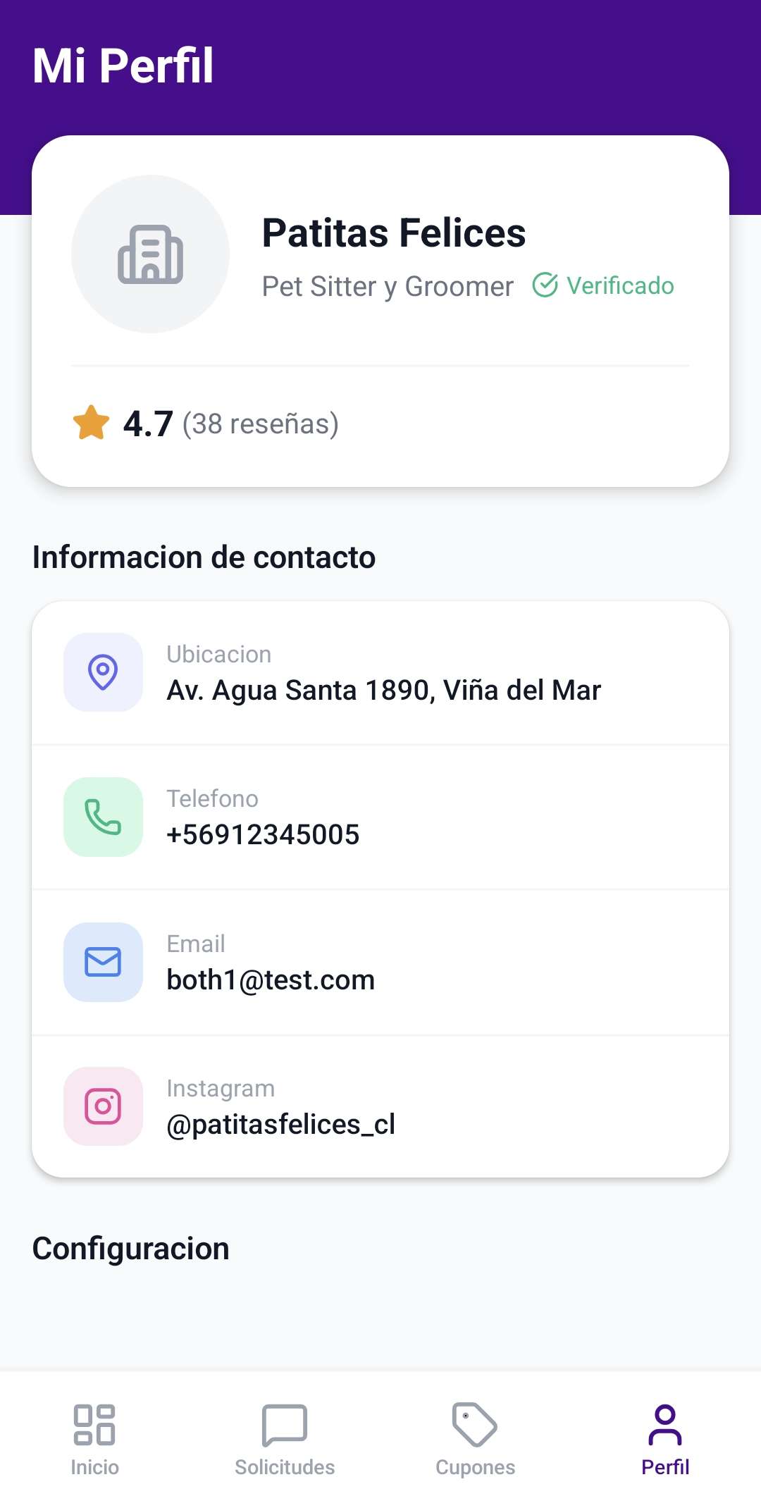 Perfil del negocio con datos de contacto, ubicación y calificación.