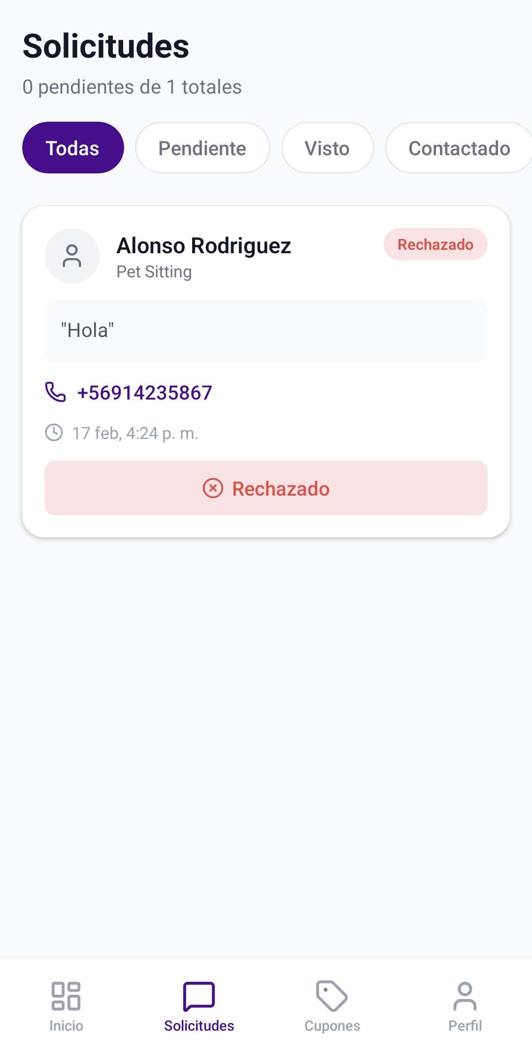Lista de solicitudes de contacto con el estado de cada tutor.